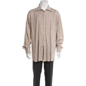 Barneys New York Mens Size‎ XL Brown Plaid Button Down Shirt Long Sleeve